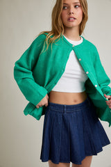 Green Classic Crew Neck Button Cardigan