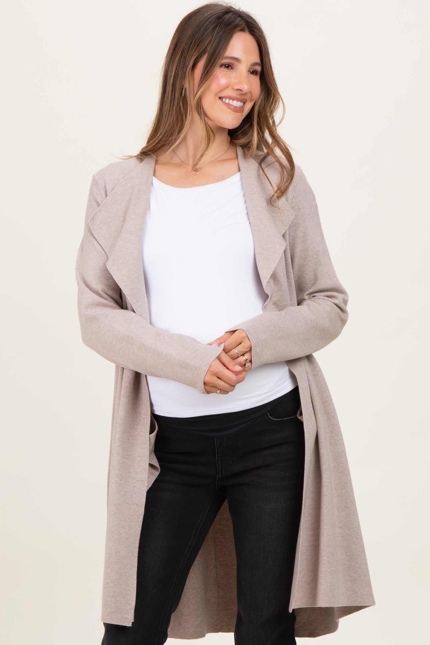 Oatmeal Knit Open Front Long Maternity Cardigan