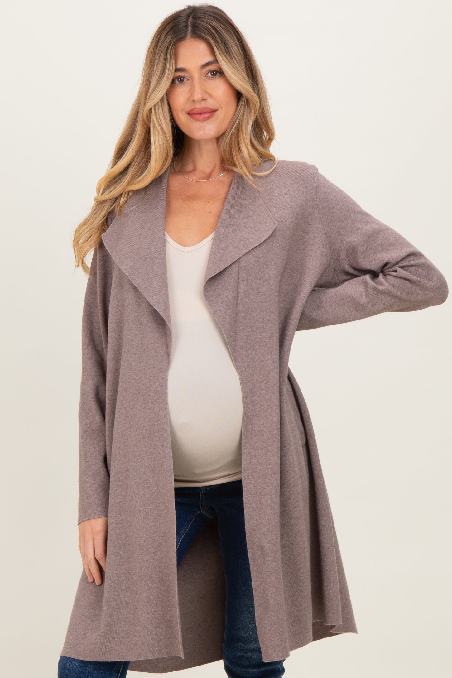 Mocha Knit Open Front Long Maternity Cardigan