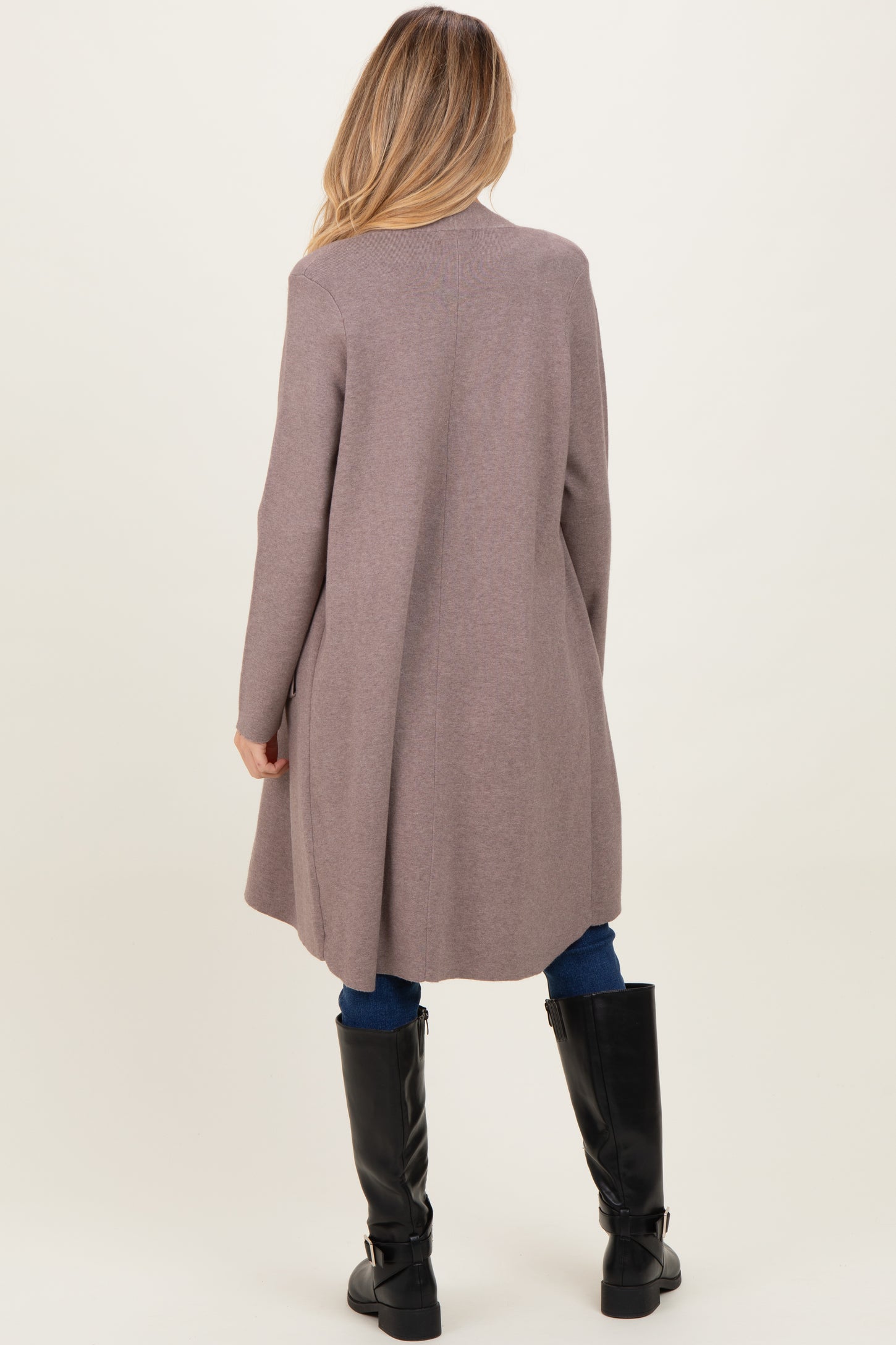 Mocha Knit Open Front Long Maternity Cardigan