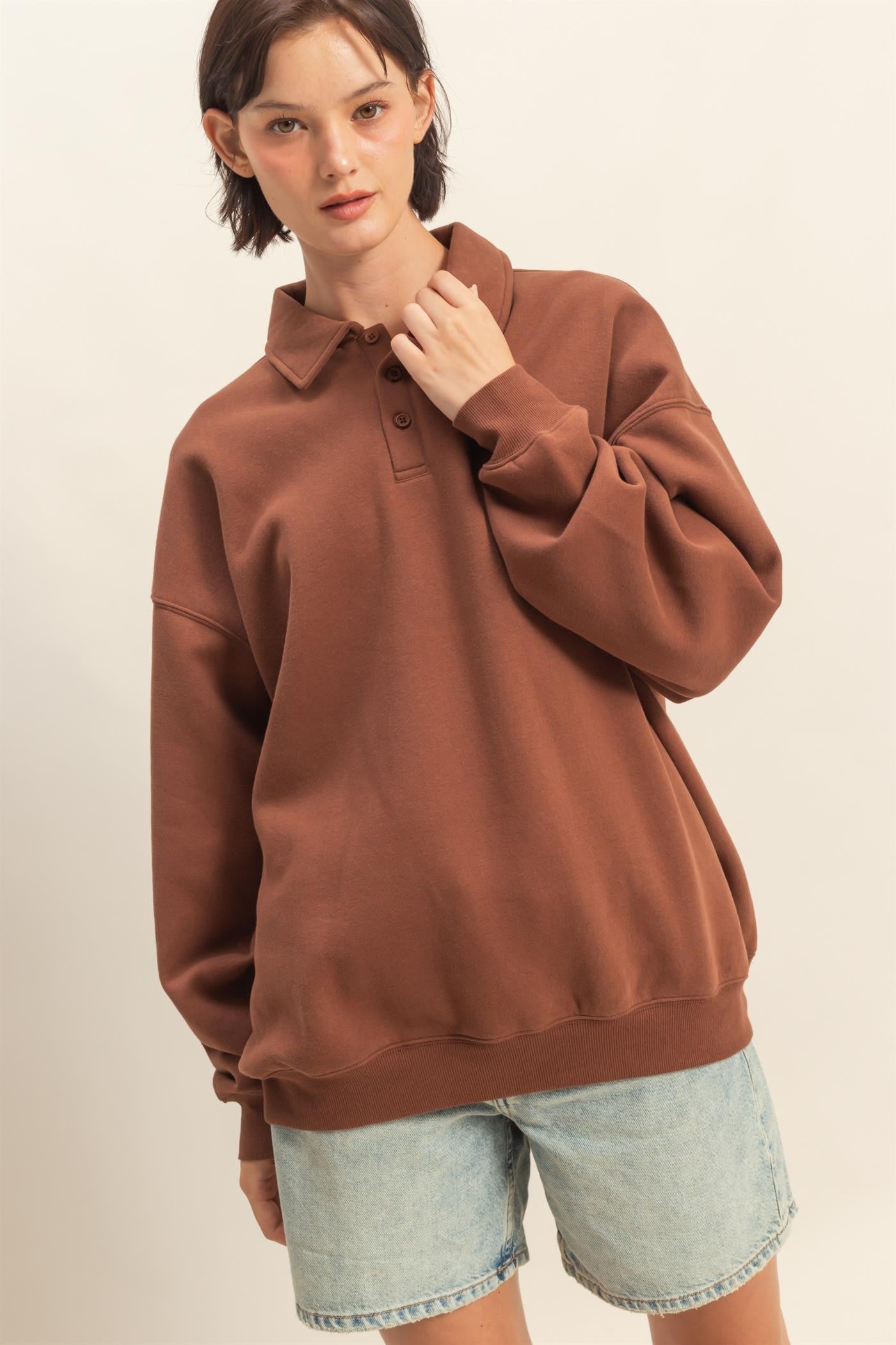 Brown Oversized Polo Maternity Pullover