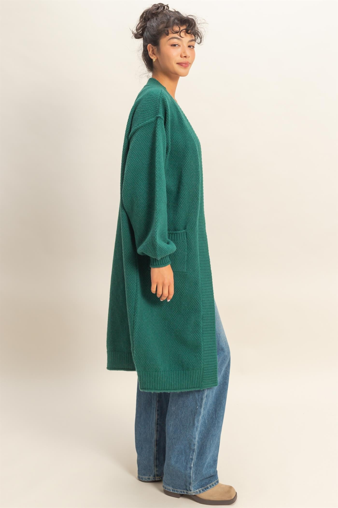 Forest Green Oversized Waffle Knit Long Cardigan