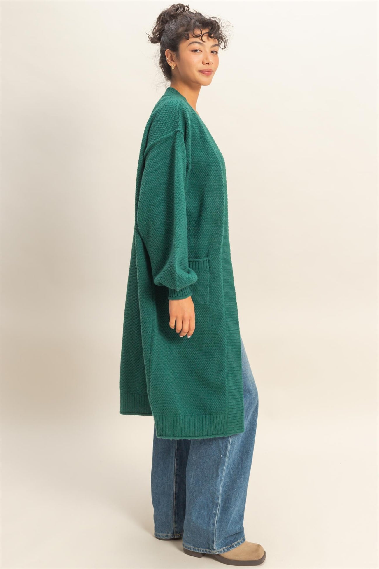 Forest Green Oversized Waffle Knit Long Cardigan