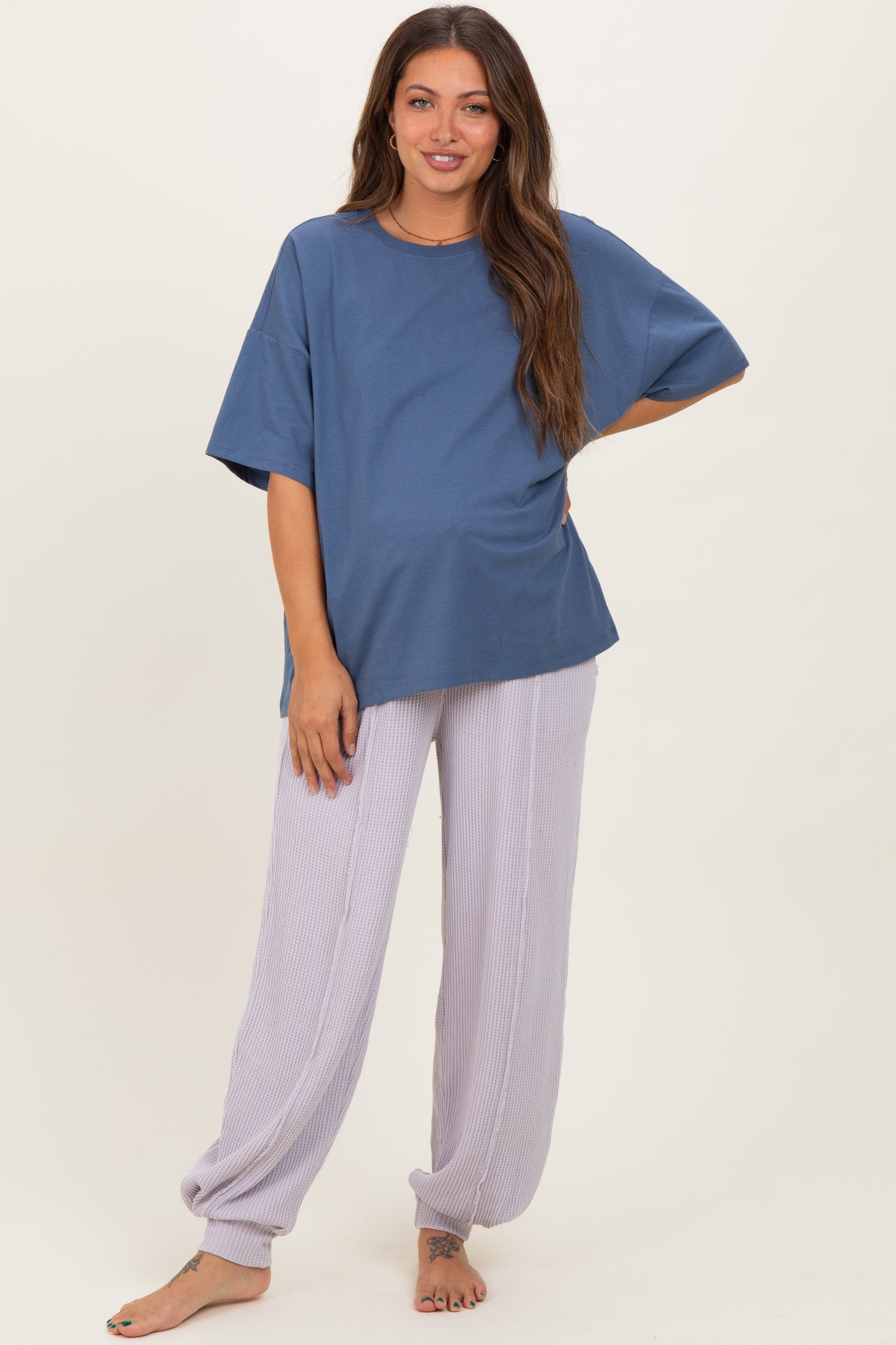 Dusty Navy Crew Neck Short Sleeve Oversized Maternity T-Shirt