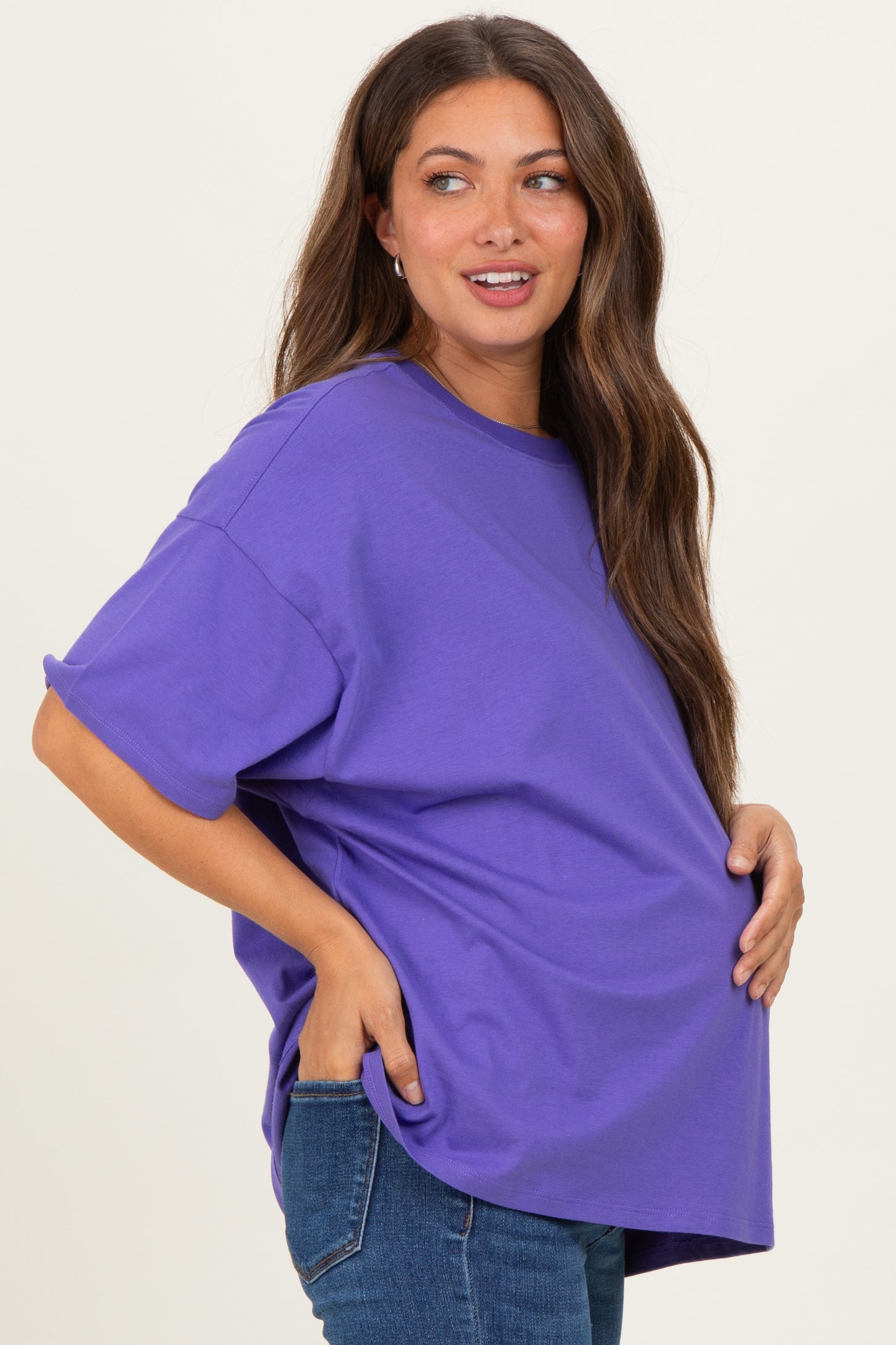 Purple Crew Neck Short Sleeve Oversized Maternity T-Shirt