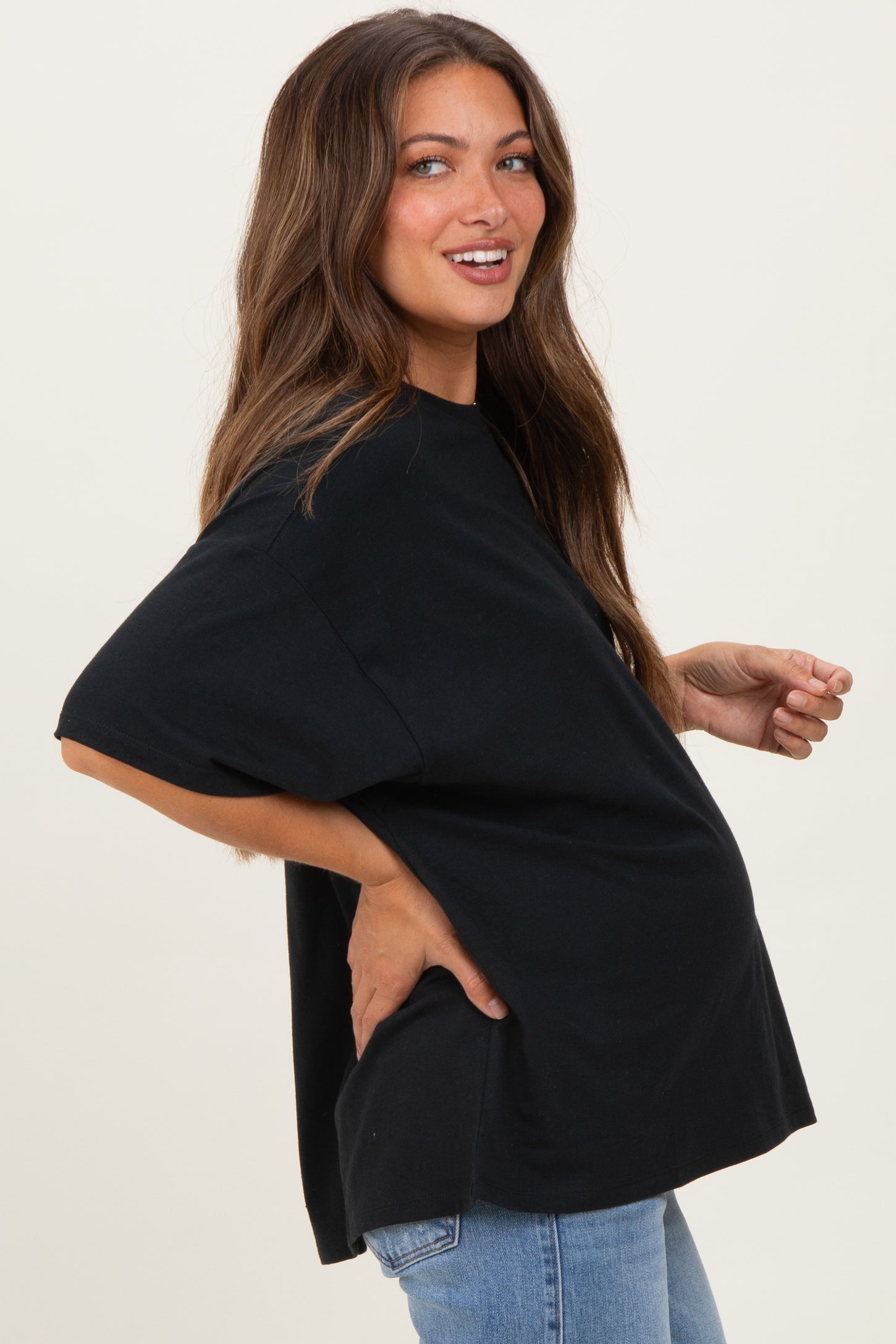Black Crew Neck Short Sleeve Oversized Maternity T-Shirt