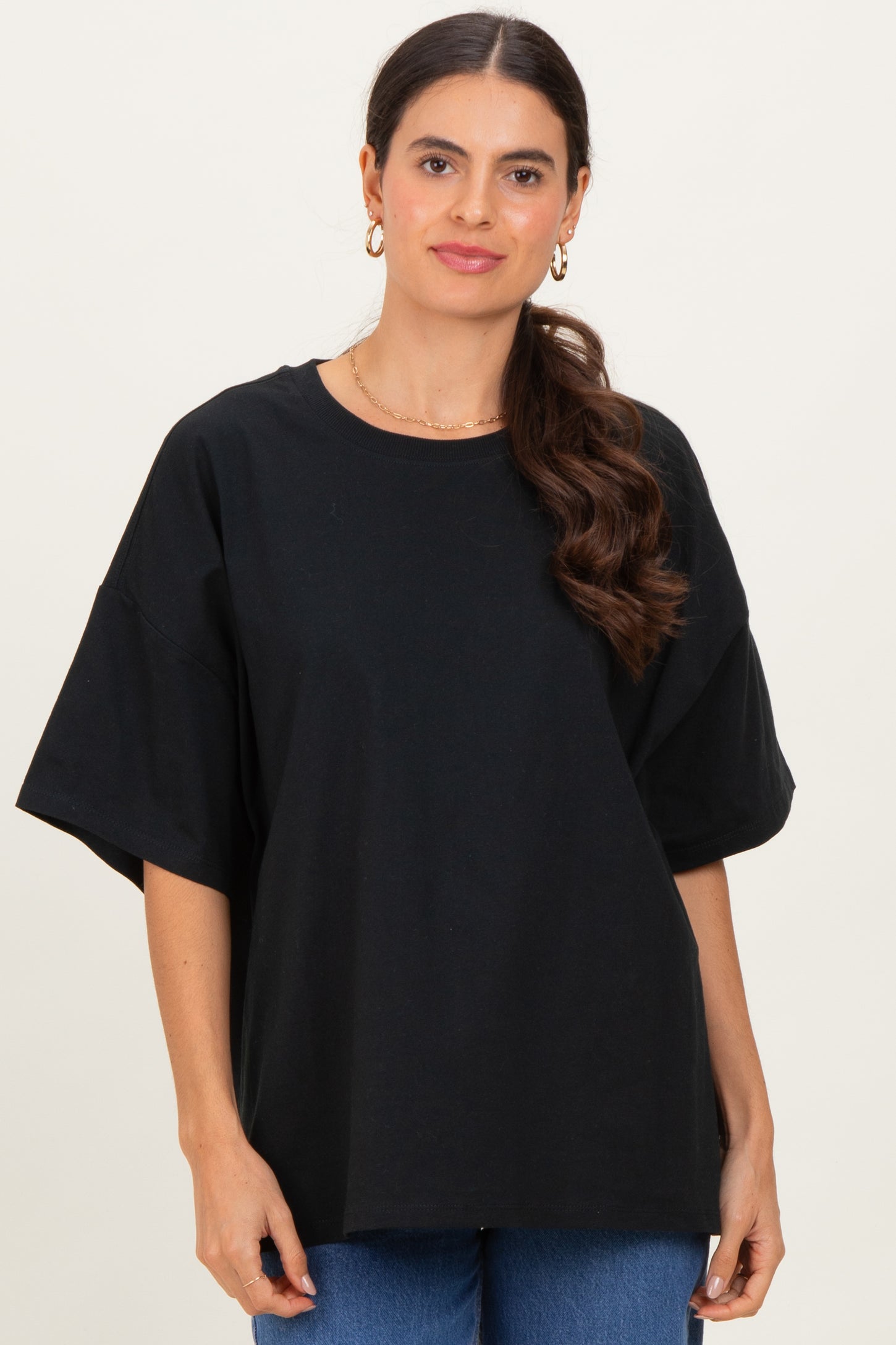 Black Crew Neck Short Sleeve Oversized Maternity T-Shirt