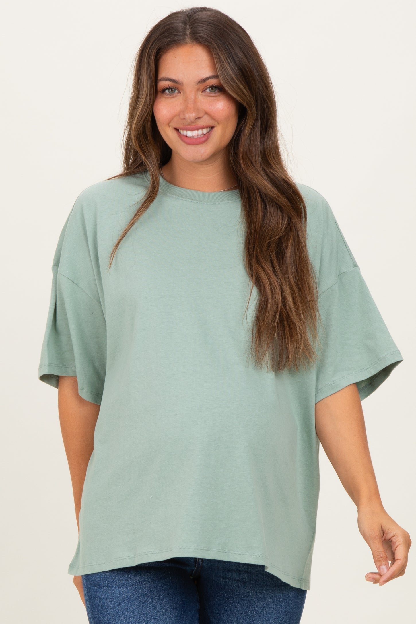 Light Sage Crew Neck Short Sleeve Oversized Maternity T-Shirt