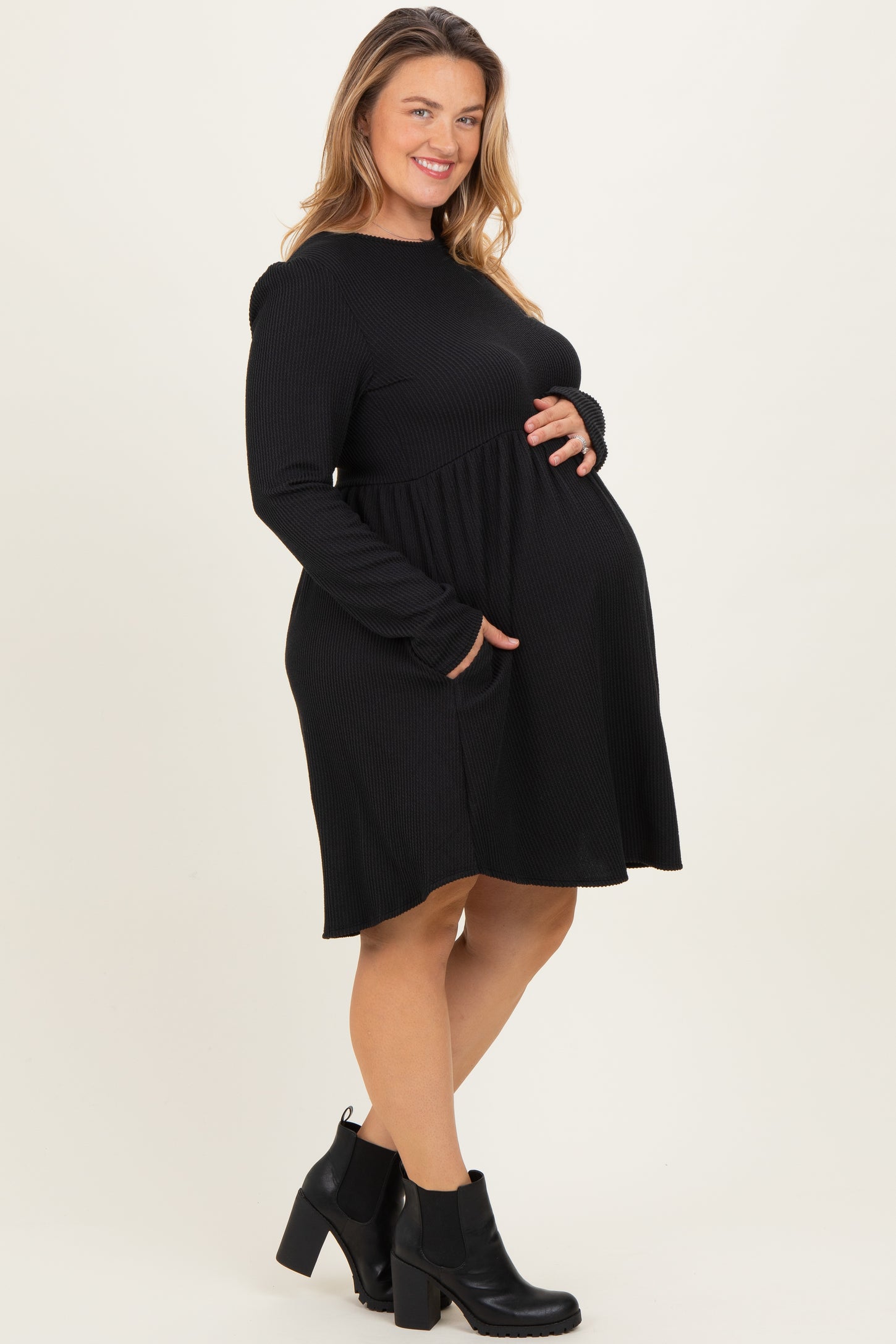 Black Textured Rib Long Sleeve Maternity Plus Dress