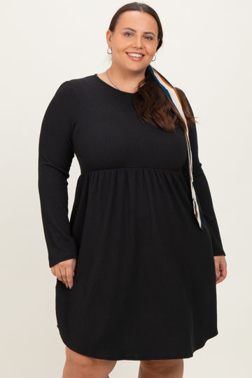 Navy Textured Rib Long Sleeve Plus Dress