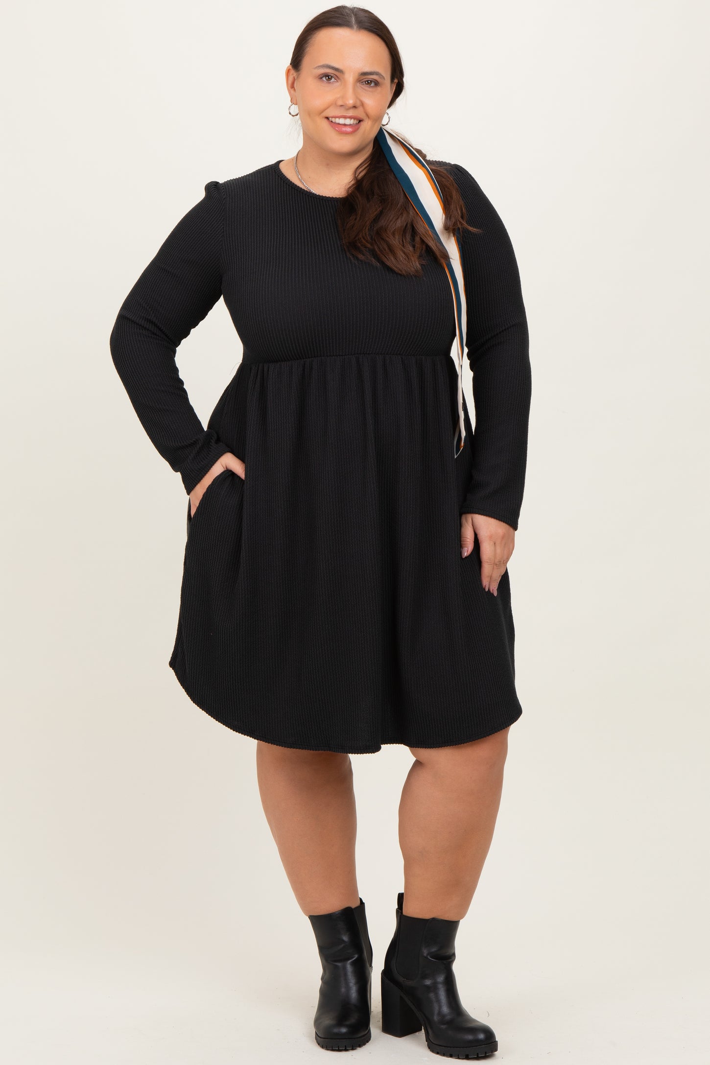 Navy Textured Rib Long Sleeve Plus Dress