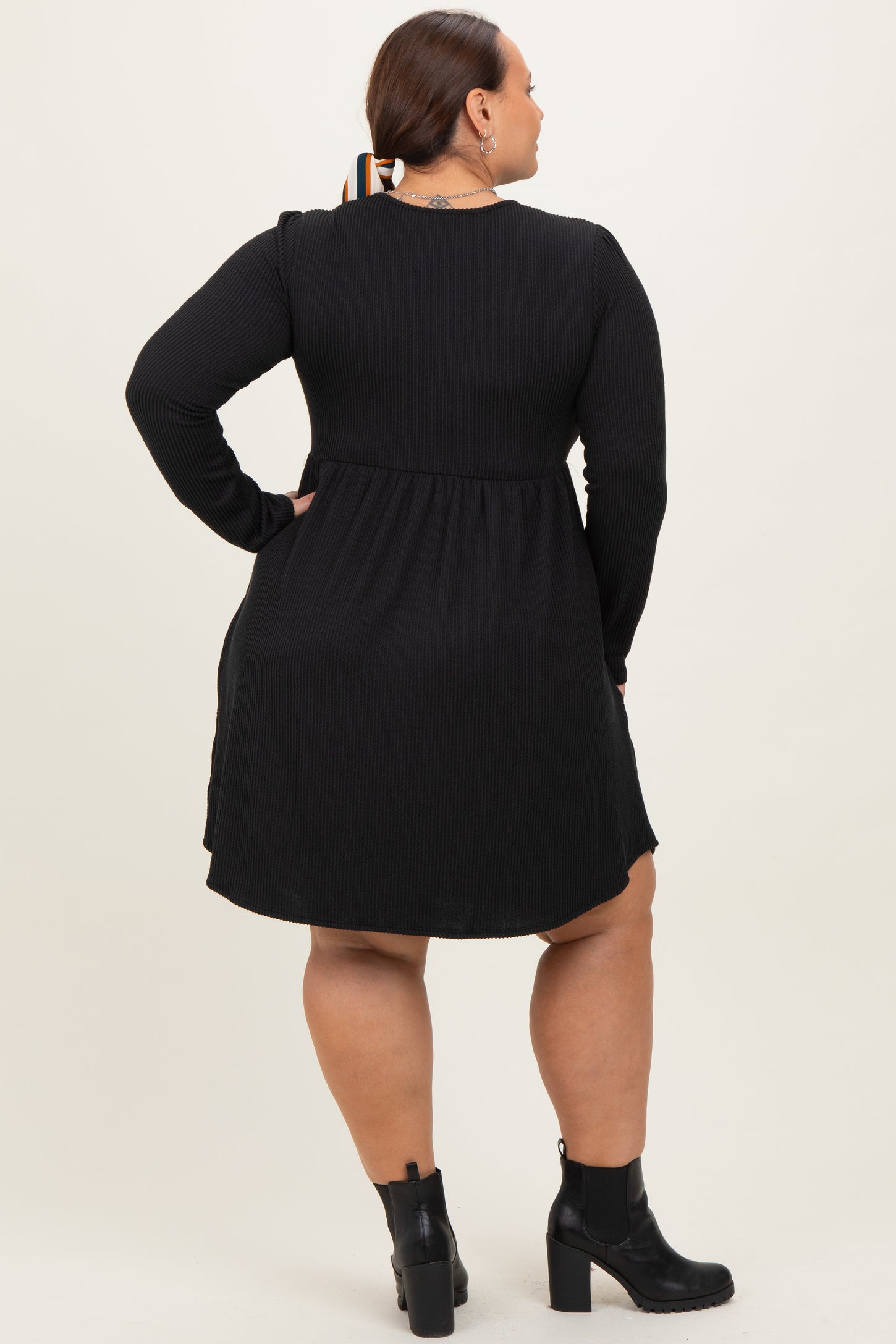 Navy Textured Rib Long Sleeve Plus Dress