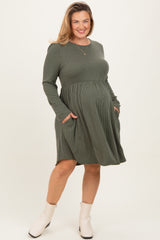 Olive Textured Rib Long Sleeve Maternity Plus Dress
