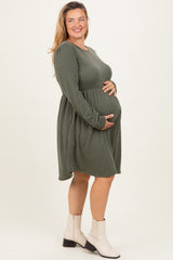 Olive Textured Rib Long Sleeve Maternity Plus Dress