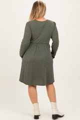 Olive Textured Rib Long Sleeve Maternity Plus Dress