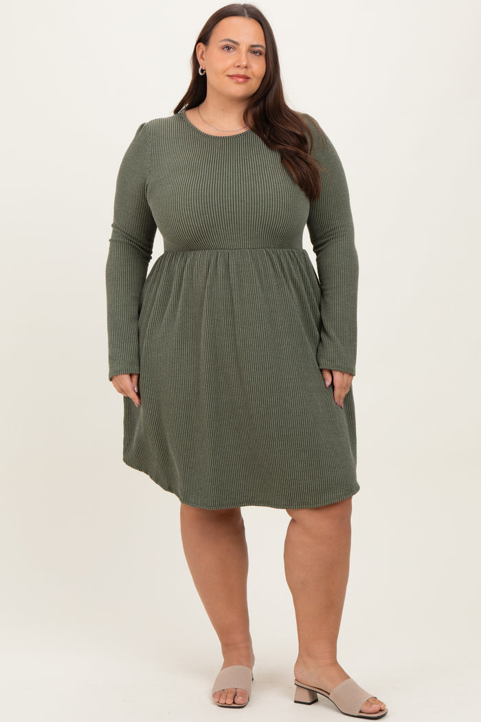Olive Textured Rib Long Sleeve Maternity Plus Dress