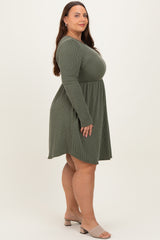 Olive Textured Rib Long Sleeve Plus Dress