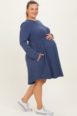 Navy Textured Rib Long Sleeve Maternity Plus Dress