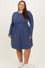 Navy Textured Rib Long Sleeve Maternity Plus Dress