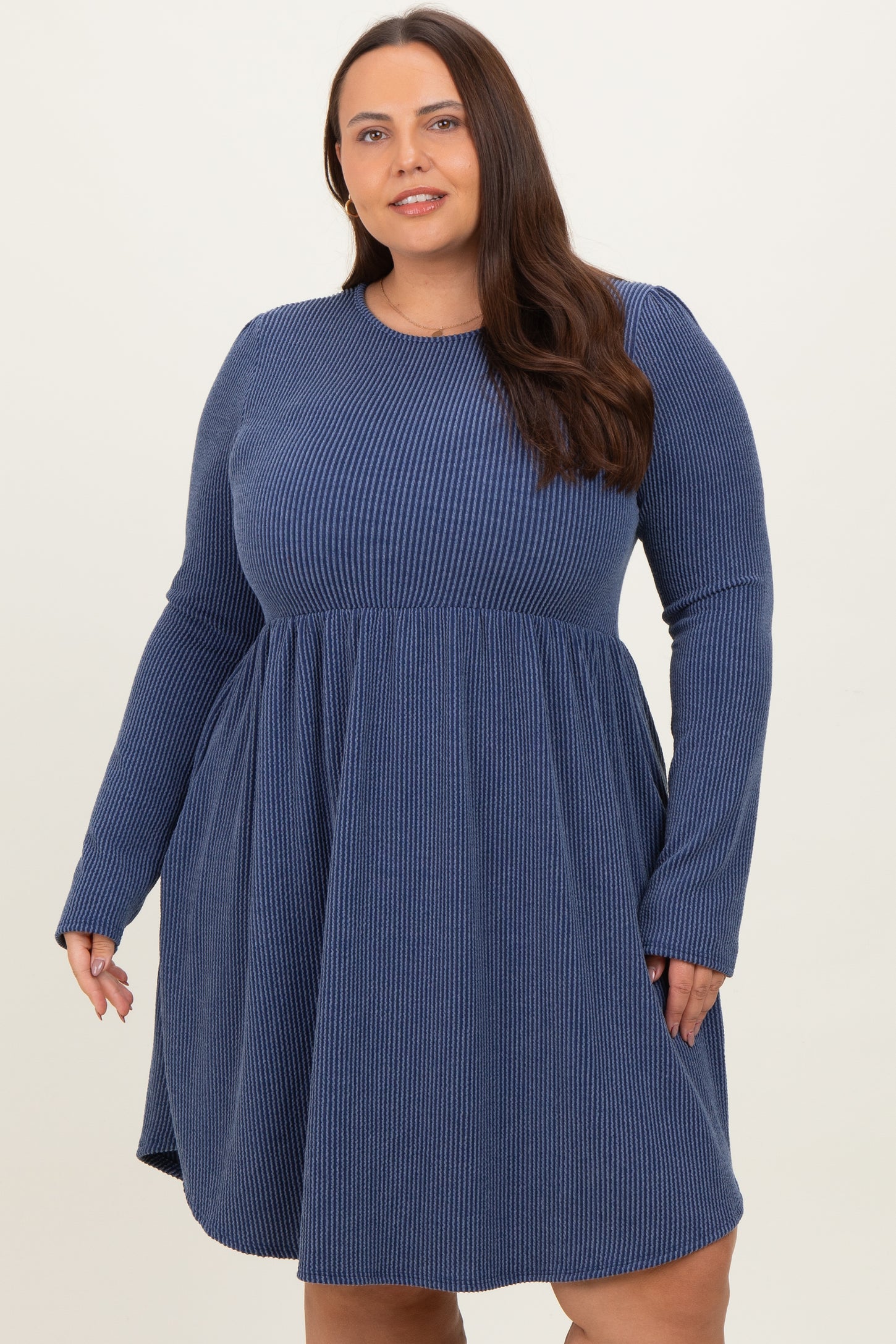 Navy Textured Rib Long Sleeve Plus Dress