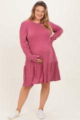 Mauve Textured Rib Tiered Long Sleeve Maternity Plus Dress