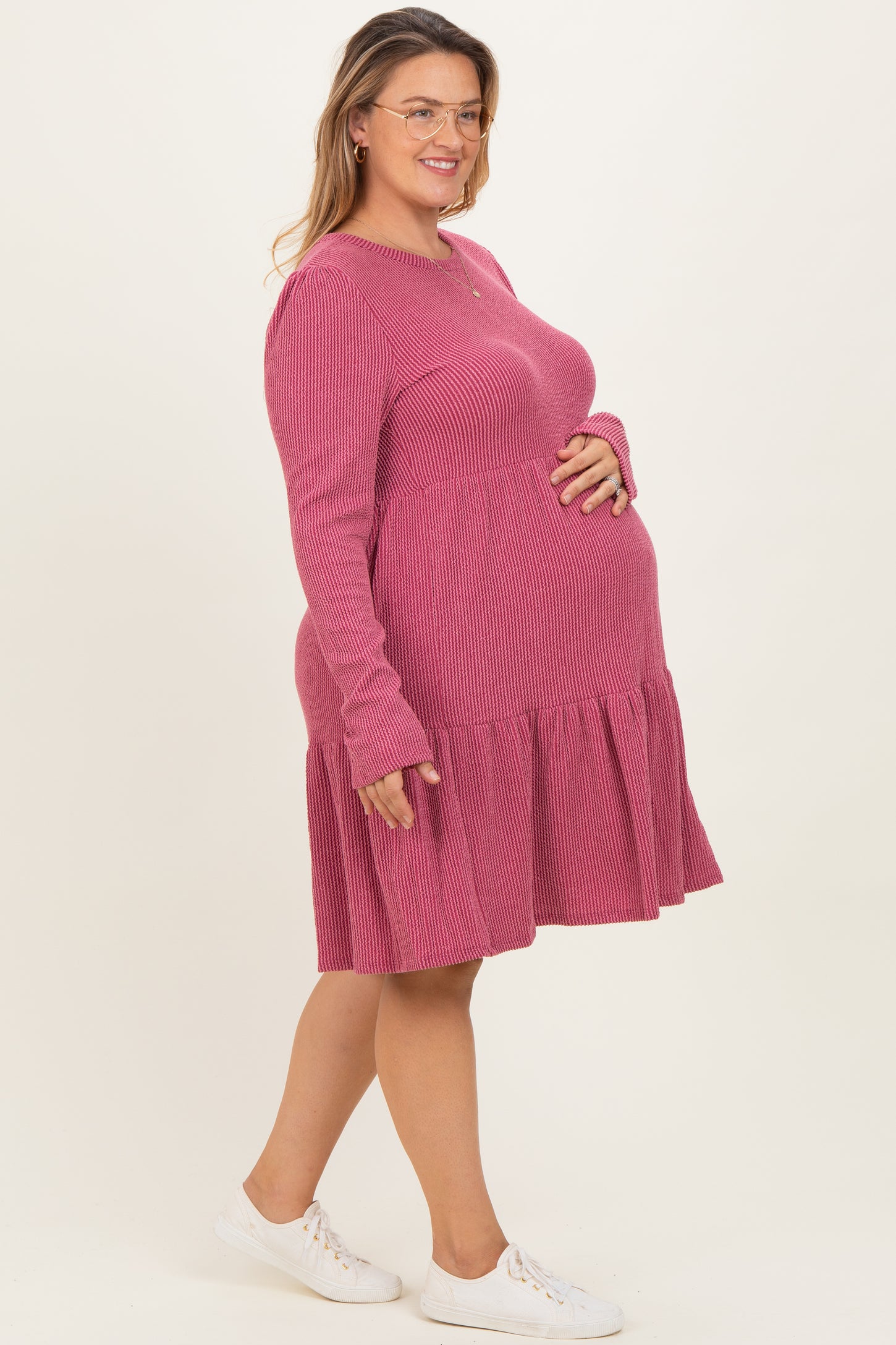 Mauve Textured Rib Tiered Long Sleeve Maternity Plus Dress