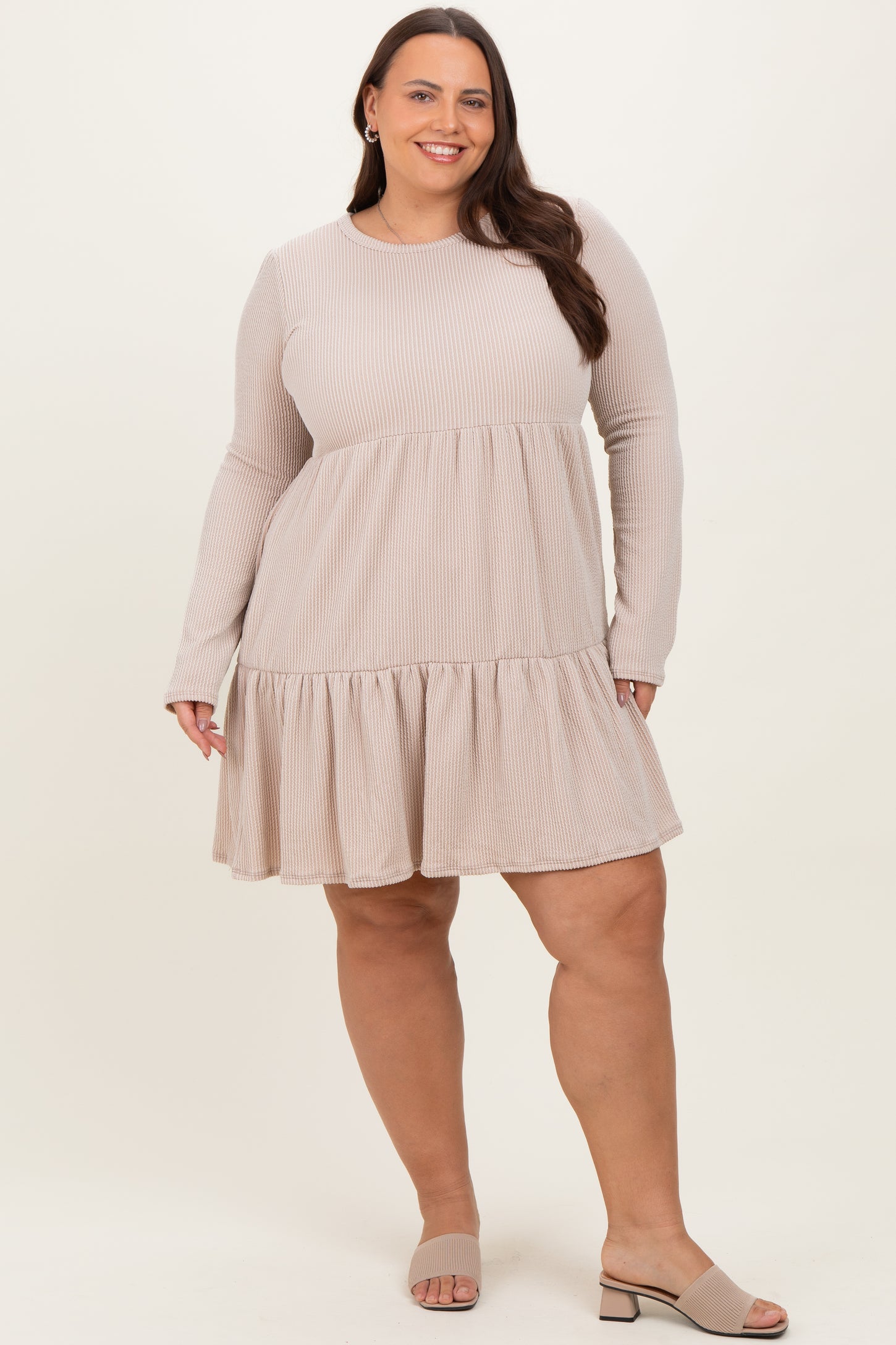 Beige Textured Rib Tiered Long Sleeve Plus Dress