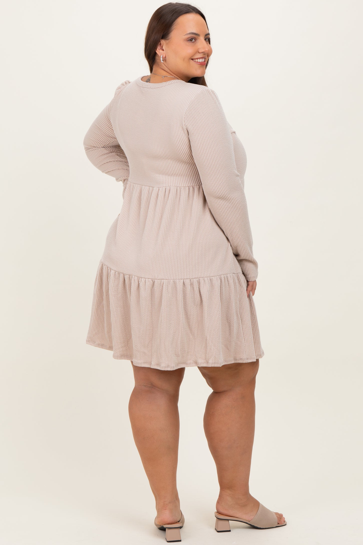 Beige Textured Rib Tiered Long Sleeve Plus Dress