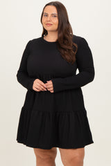 Black Textured Rib Tiered Long Sleeve Plus Dress