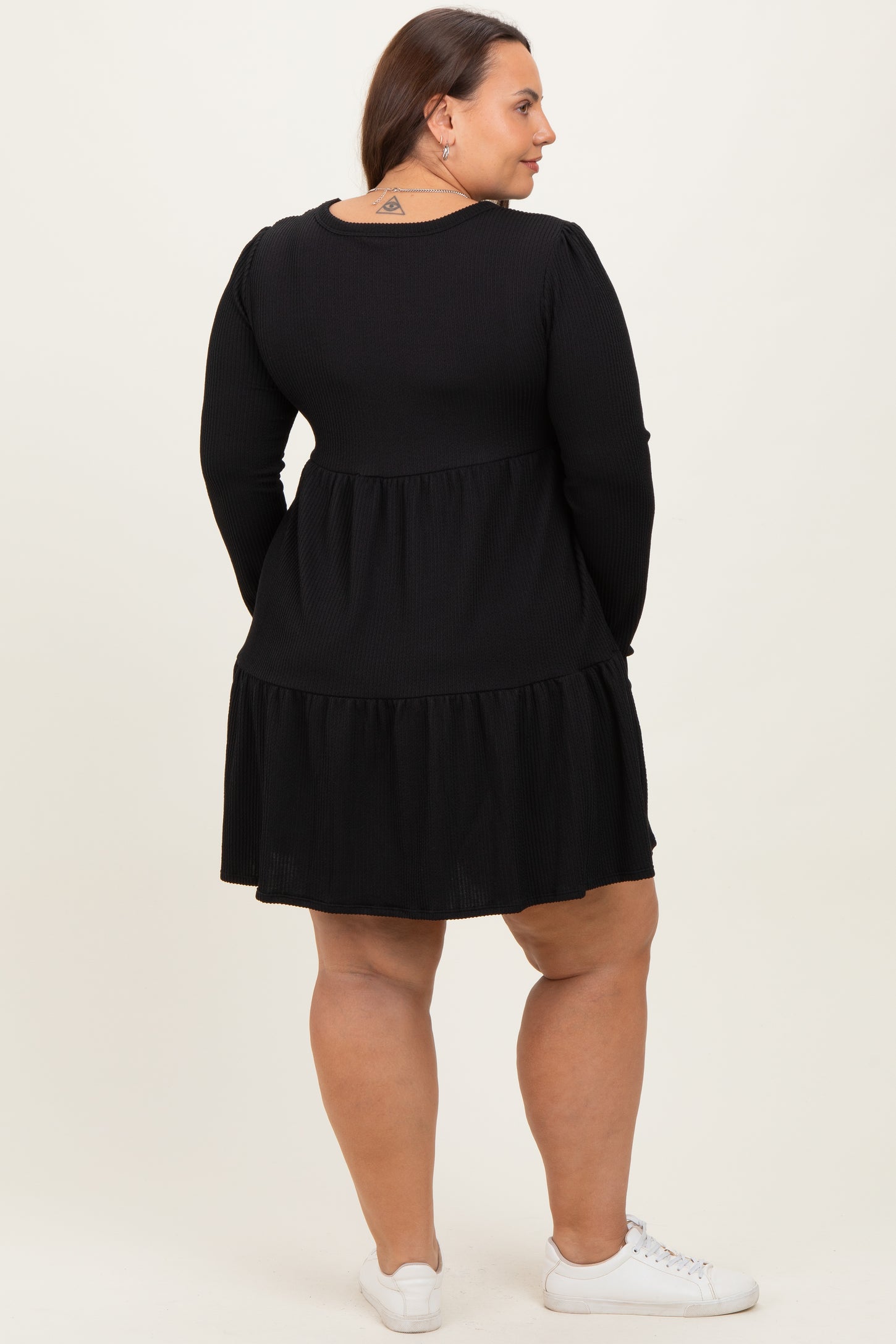 Black Textured Rib Tiered Long Sleeve Plus Dress