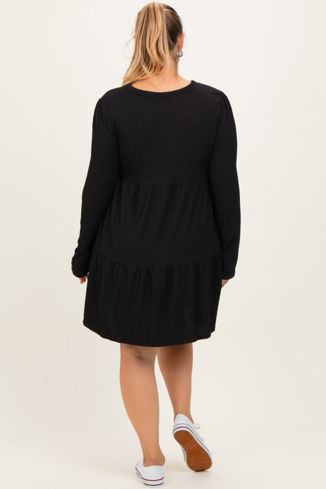 Black Textured Rib Tiered Long Sleeve Maternity Plus Dress