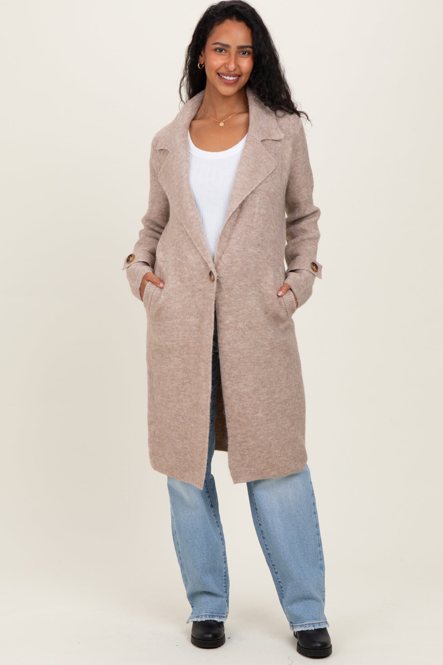Beige Knit Long Maternity Sweater Coat