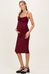 Burgundy Glitter Ruched Maternity Midi Dress