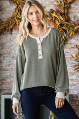 Olive Textured Rib Bubble Sleeve Henley