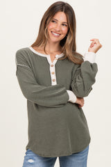 Olive Textured Rib Bubble Sleeve Maternity Henley