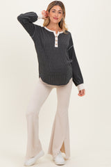 Charcoal Textured Rib Bubble Sleeve Maternity Henley