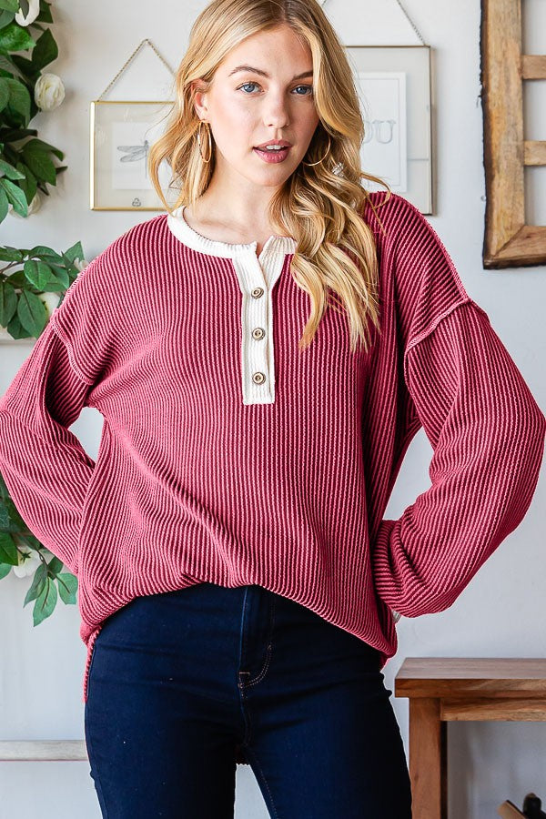 Burgundy Textured Rib Bubble Sleeve Henley