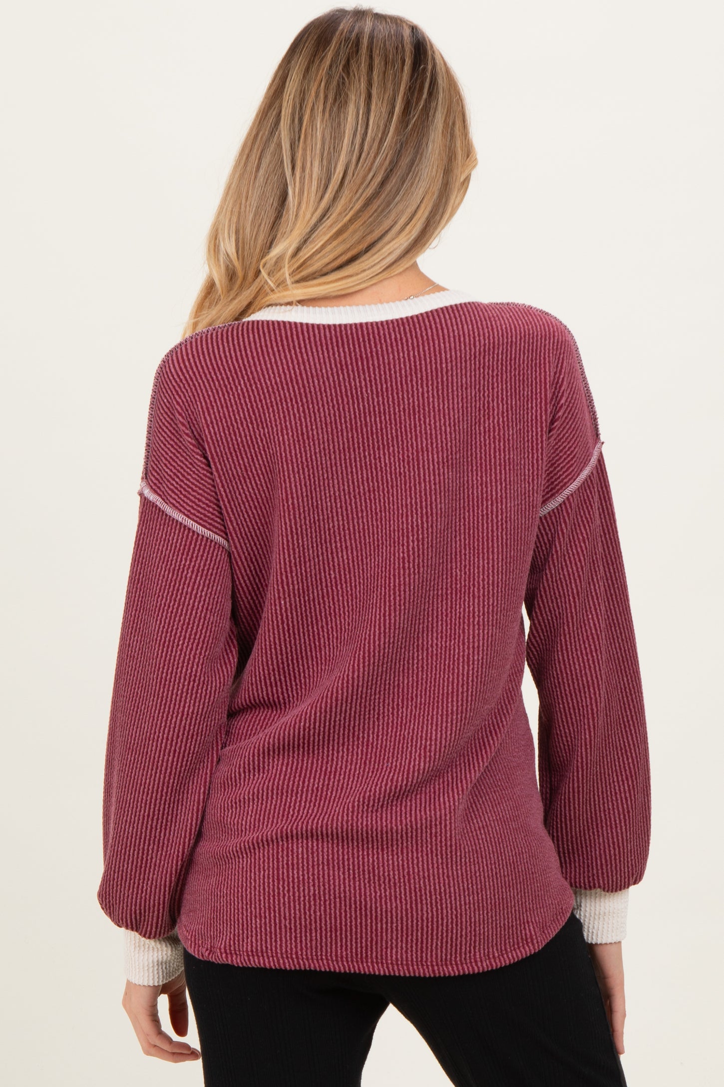 Burgundy Textured Rib Bubble Sleeve Maternity Henley