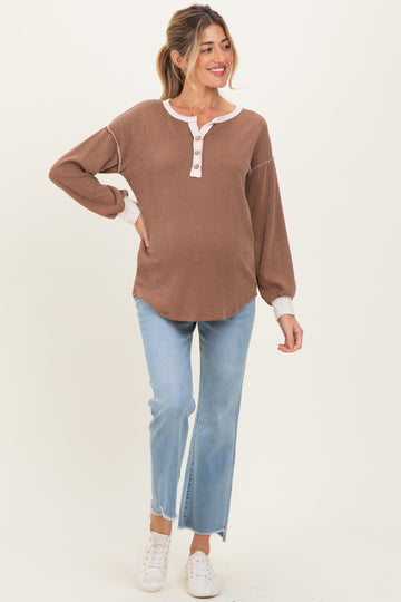 Mocha Textured Rib Bubble Sleeve Maternity Henley
