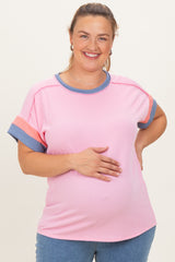 Pink Ribbed Colorblock Detail Maternity Plus Short Sleeve Top