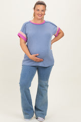 Dusty Blue Ribbed Colorblock Detail Maternity Plus Short Sleeve Top