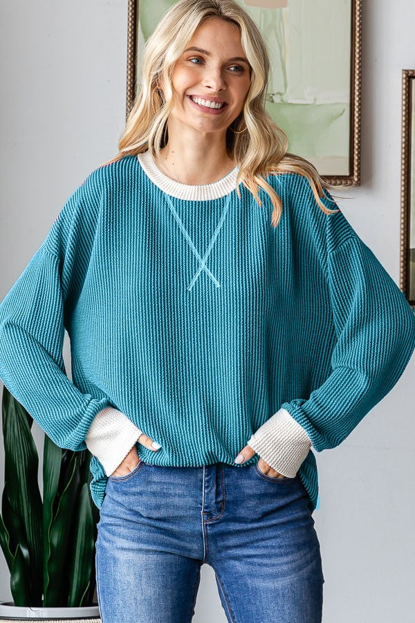 Teal Textured Rib Relaxed Fit Maternity Pullover Top