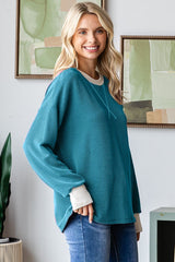 Teal Textured Rib Relaxed Fit Pullover Top