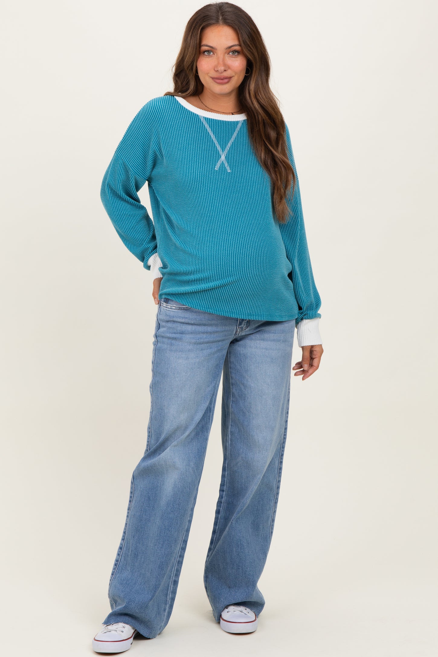Teal Textured Rib Relaxed Fit Maternity Pullover Top