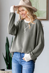 Olive Textured Rib Relaxed Fit Pullover Top