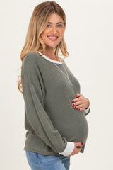 Olive Textured Rib Relaxed Fit Maternity Pullover Top