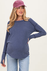 Light Navy Textured Rib Thumb Hole Maternity Long Sleeve Top
