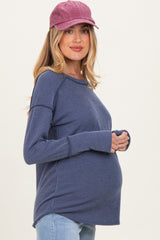 Light Navy Textured Rib Thumb Hole Maternity Long Sleeve Top