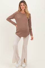 Mocha Textured Rib Thumb Hole Maternity Long Sleeve Top