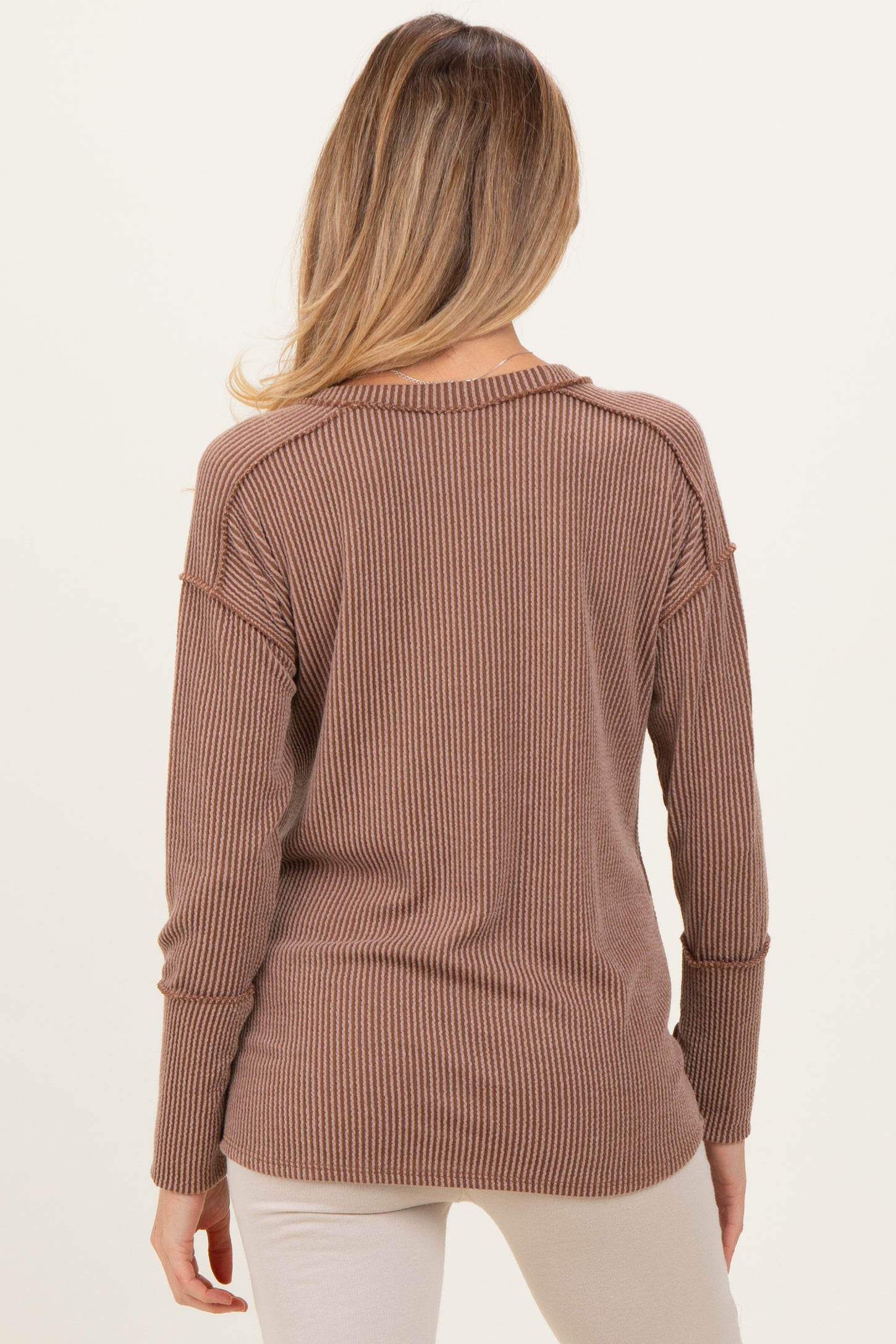 Mocha Textured Rib Thumb Hole Maternity Long Sleeve Top